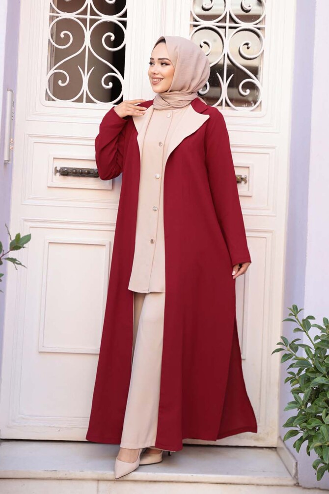 Düğmeli Bordo Tesettür Üçlü Takım 76221BR - 1