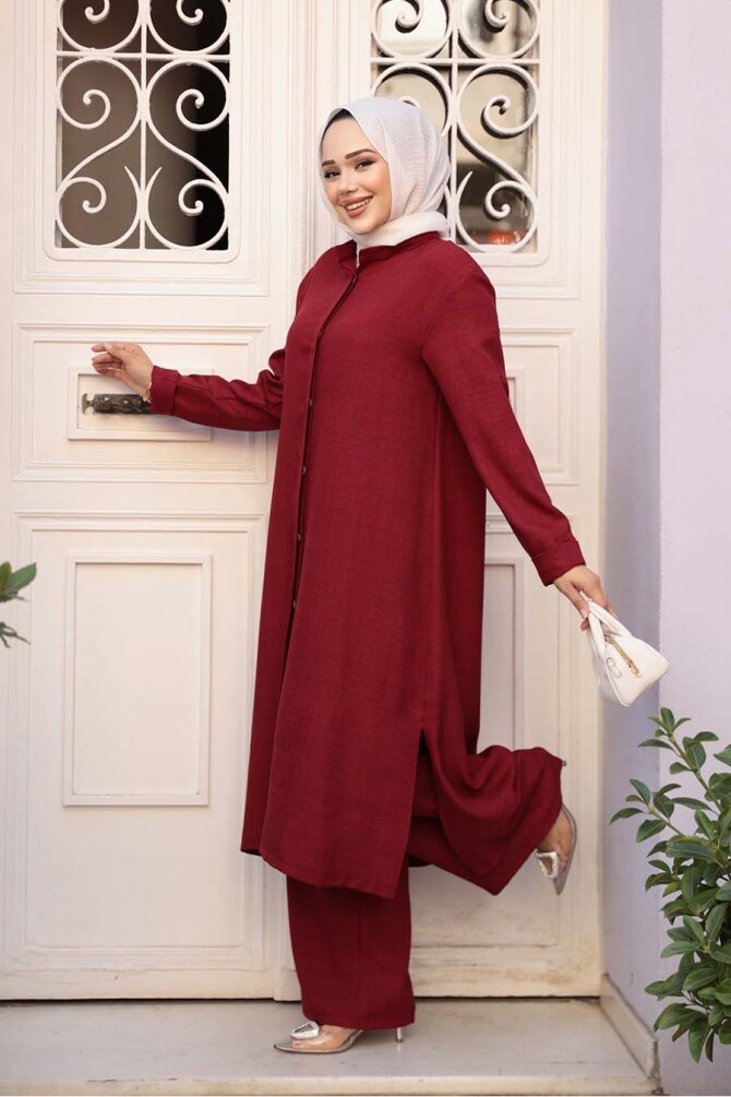 Düğmeli Bordo Tesettür Üçlü Takım 76591BR - 1