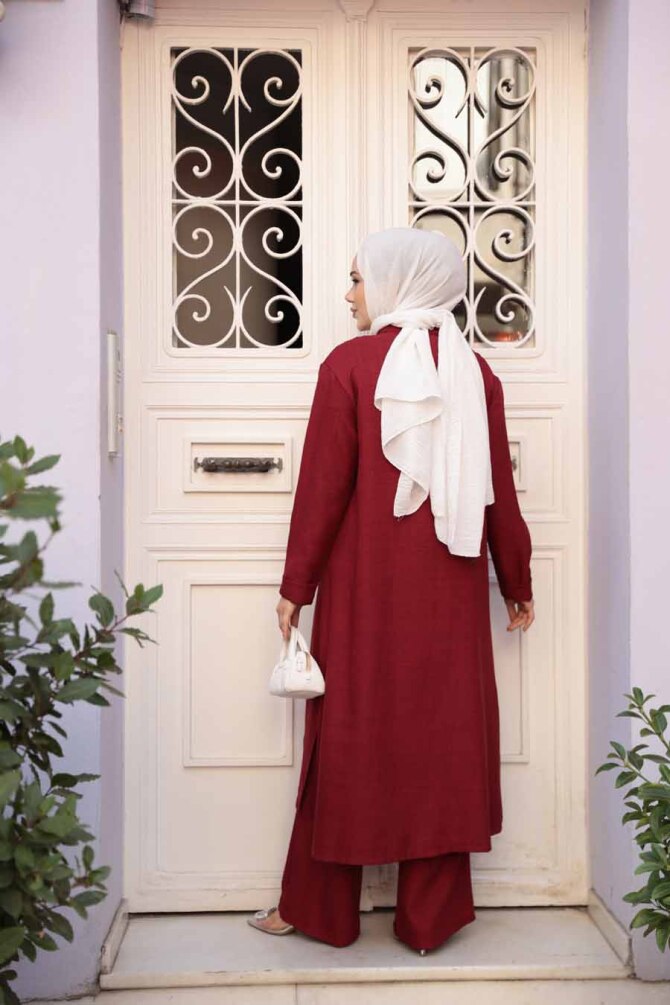 Düğmeli Bordo Tesettür Üçlü Takım 76591BR - 4