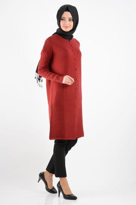 Düğmeli Bordo Triko Tesettür Hırka 3561BR - 2