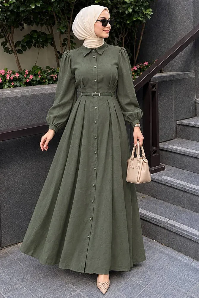 Düğmeli Çağla Yeşili Tesettür Elbise 19044CY - 1