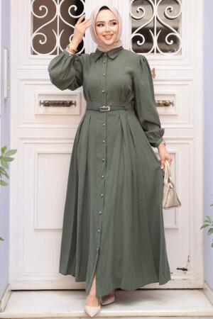 Düğmeli Çağla Yeşili Tesettür Elbise 19044CY - 2
