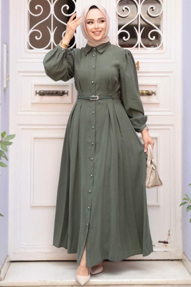 Düğmeli Çağla Yeşili Tesettür Elbise 19044CY - 2