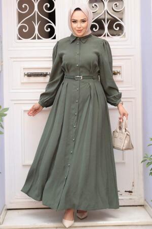 Düğmeli Çağla Yeşili Tesettür Elbise 19044CY - 1
