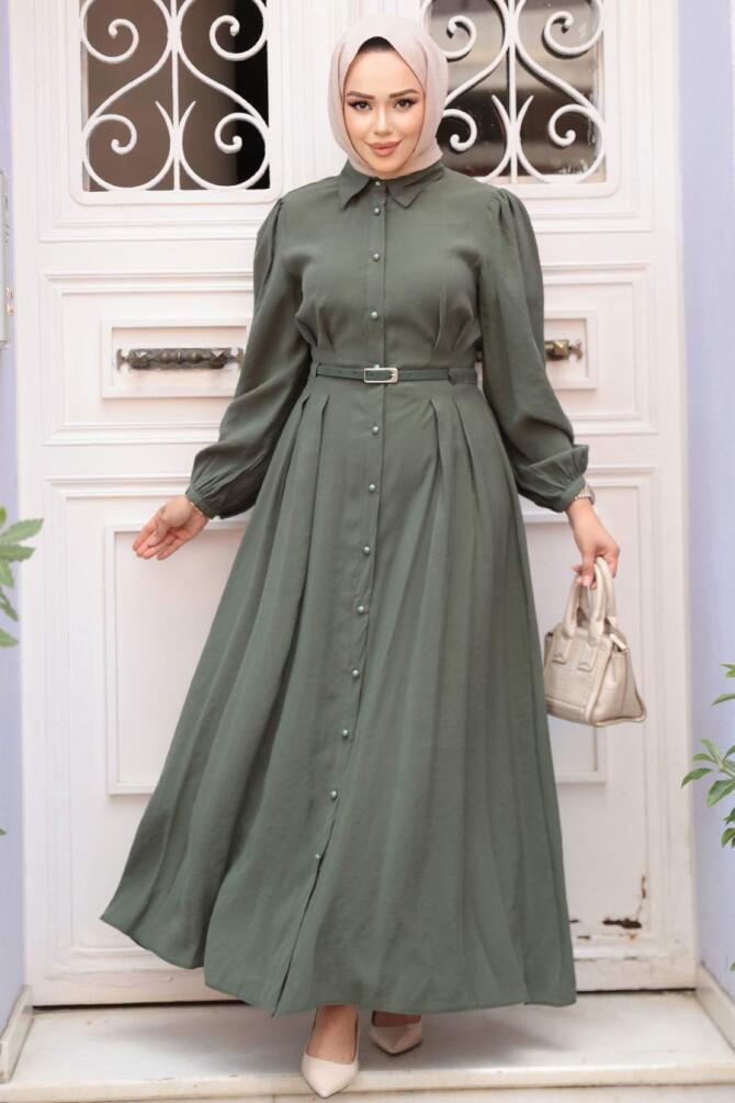Düğmeli Çağla Yeşili Tesettür Elbise 19044CY - 1