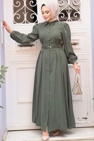 Düğmeli Çağla Yeşili Tesettür Elbise 19044CY - 3