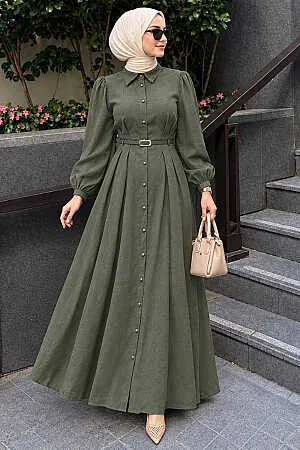 Düğmeli Çağla Yeşili Tesettür Elbise 19044CY 