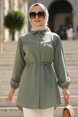 Düğmeli Çağla Yeşili Tesettür Tunik 10184CY 