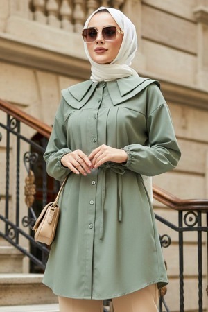Düğmeli Çağla Yeşili Tesettür Tunik 20228CY - 1