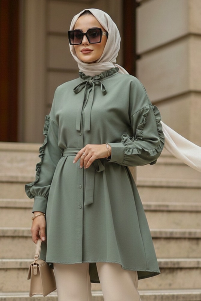 Düğmeli Çağla Yeşili Tesettür Tunik 20295CY - N.S NEVA STYLE