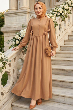 Düğmeli Camel Tesettür Elbise 10391C - 2