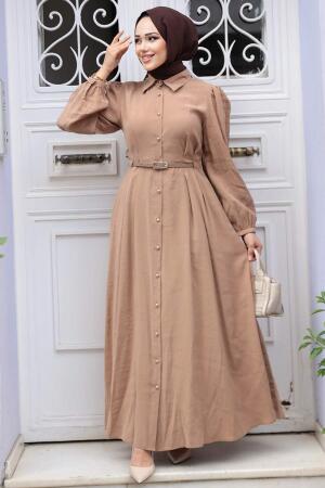 Düğmeli Camel Tesettür Elbise 19044C - 1