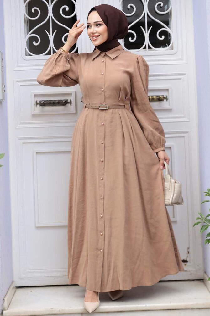Düğmeli Camel Tesettür Elbise 19044C - 1