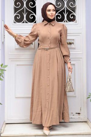 Düğmeli Camel Tesettür Elbise 19044C - 2