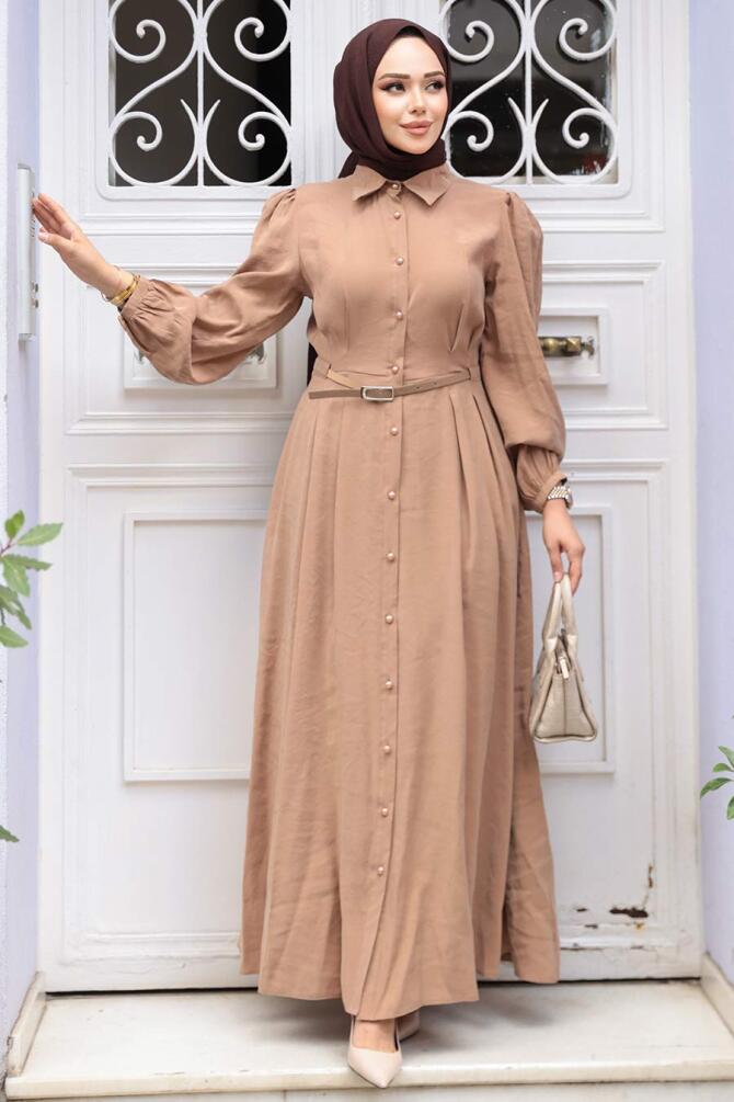 Düğmeli Camel Tesettür Elbise 19044C - 2