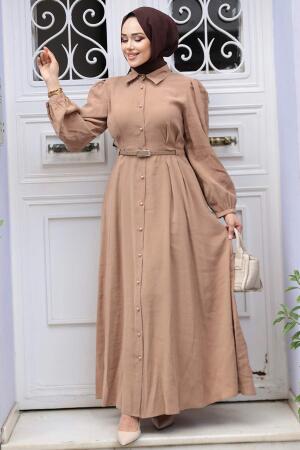 Düğmeli Camel Tesettür Elbise 19044C - 3