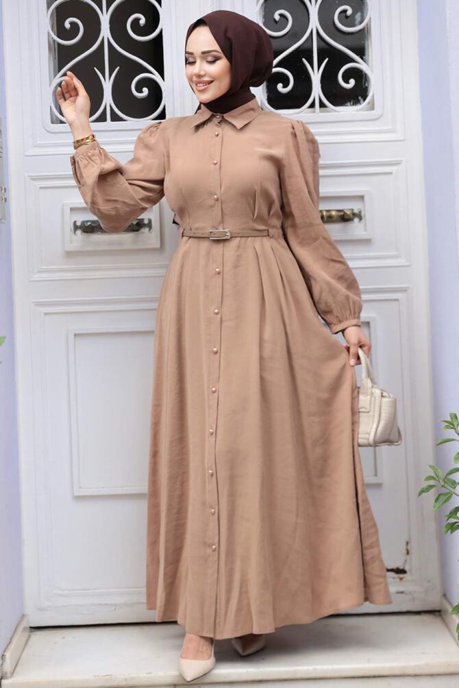 Düğmeli Camel Tesettür Elbise 19044C - 3