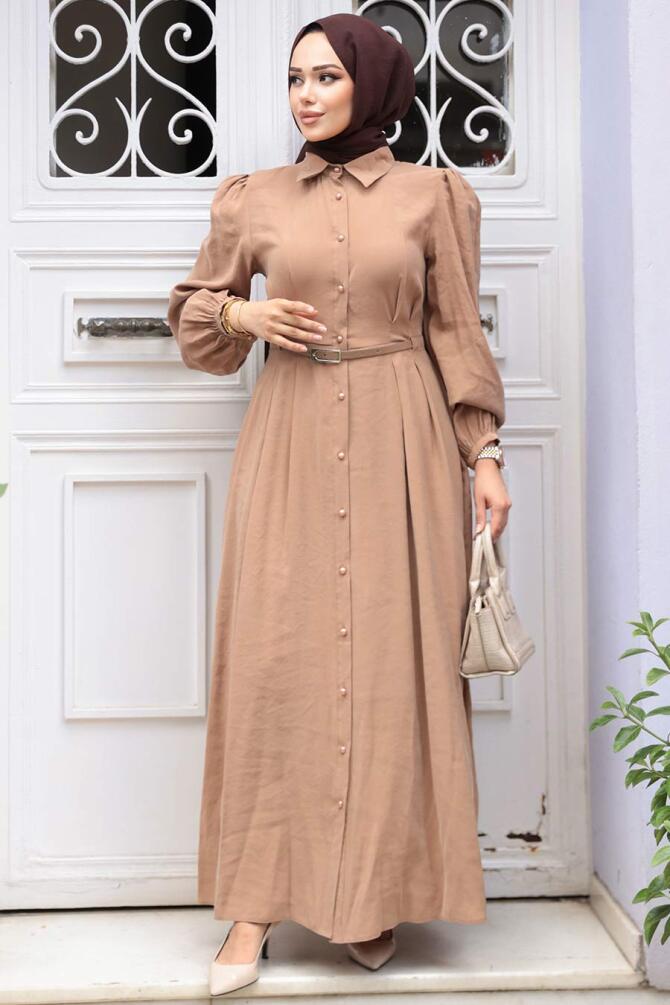 Düğmeli Camel Tesettür Elbise 19044C - 4