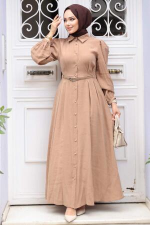 Düğmeli Camel Tesettür Elbise 19044C - 5