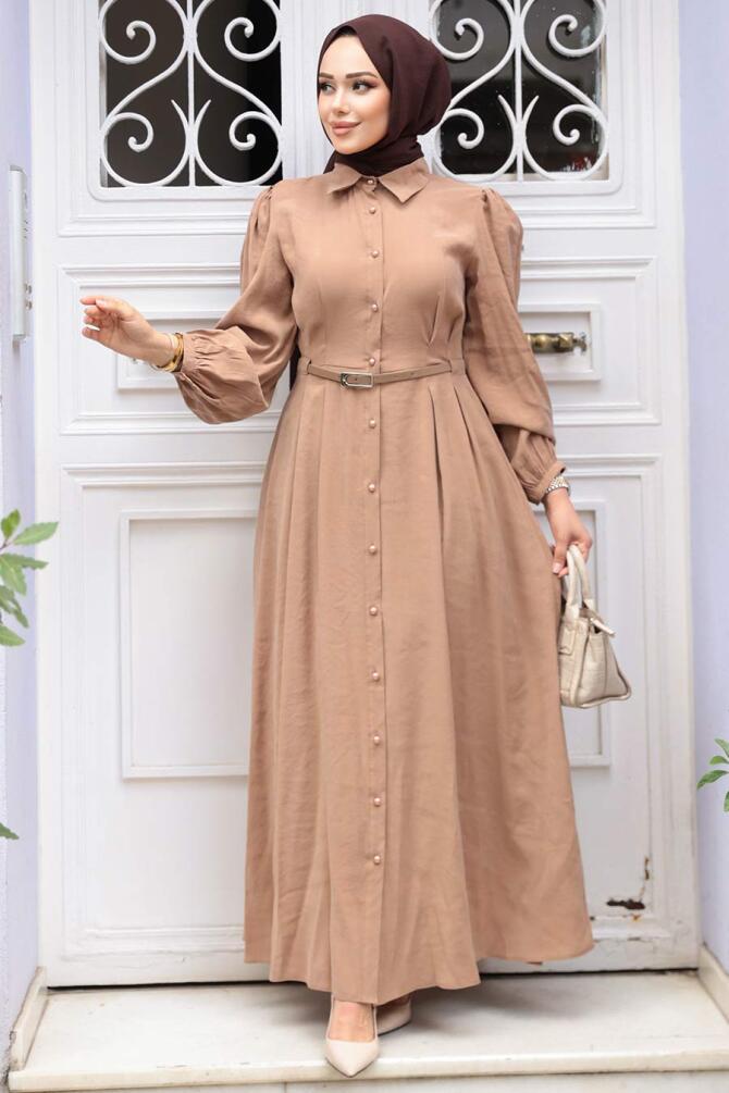 Düğmeli Camel Tesettür Elbise 19044C - 6