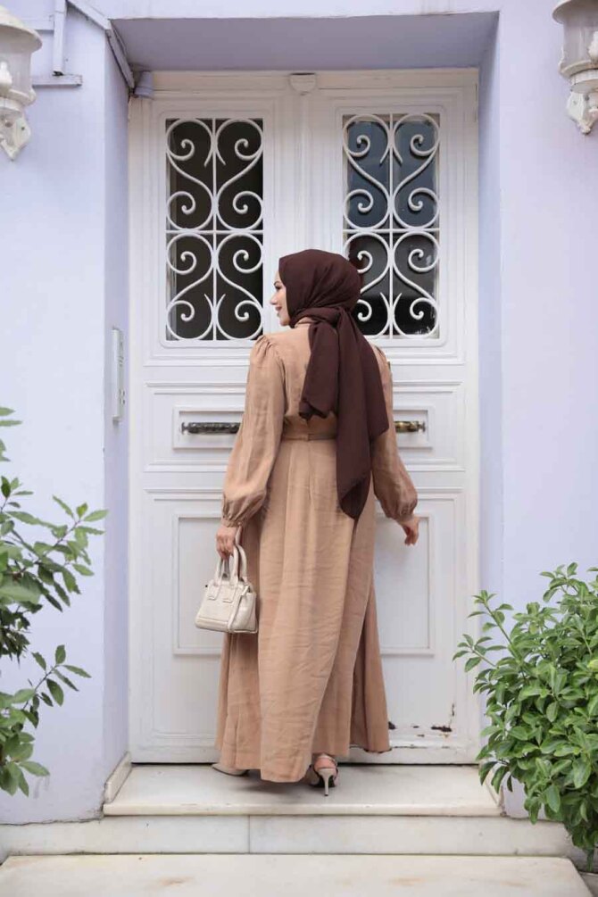 Düğmeli Camel Tesettür Elbise 19044C - 7