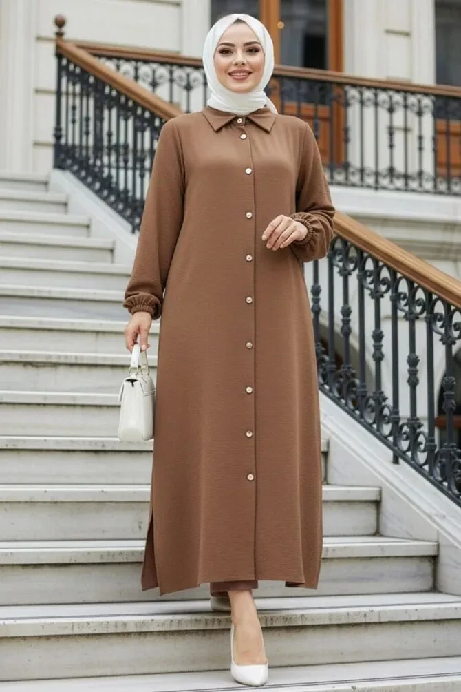 Düğmeli Camel Tesettür İkili Takım 10101C - 1