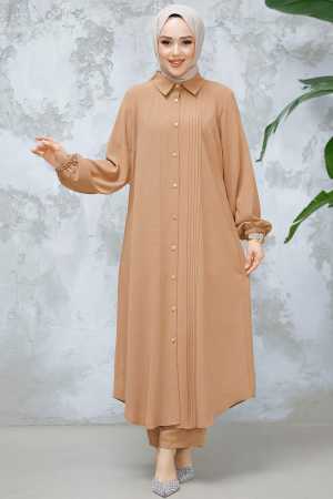 Düğmeli Camel Tesettür İkili Takım 10891C - 2