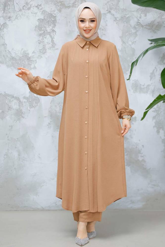 Düğmeli Camel Tesettür İkili Takım 10891C - 2