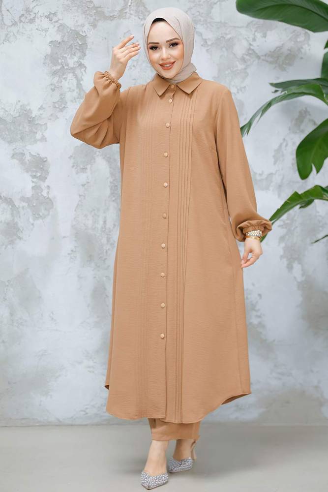Düğmeli Camel Tesettür İkili Takım 10891C - 1