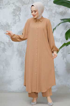 Düğmeli Camel Tesettür İkili Takım 10891C - 3