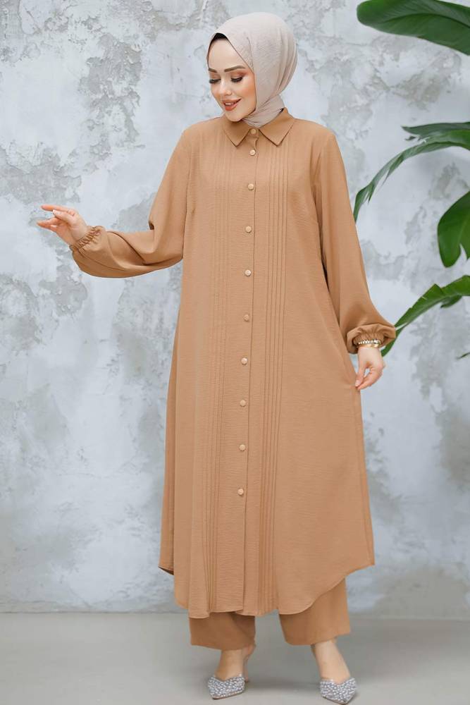 Düğmeli Camel Tesettür İkili Takım 10891C - 3