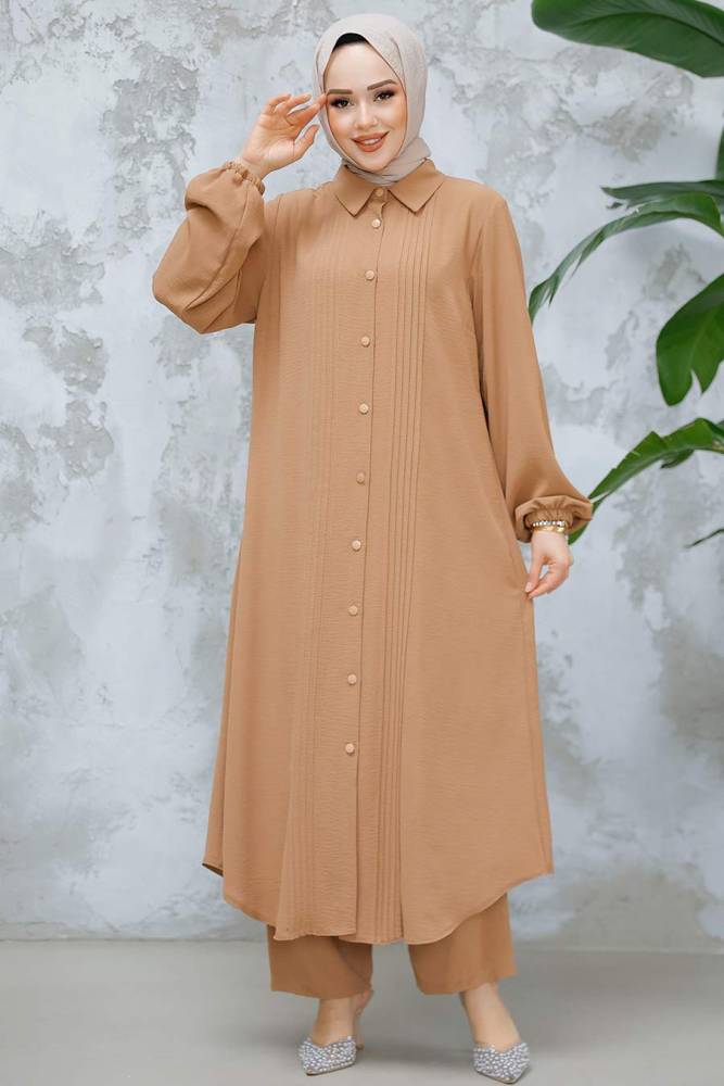 Düğmeli Camel Tesettür İkili Takım 10891C - 4