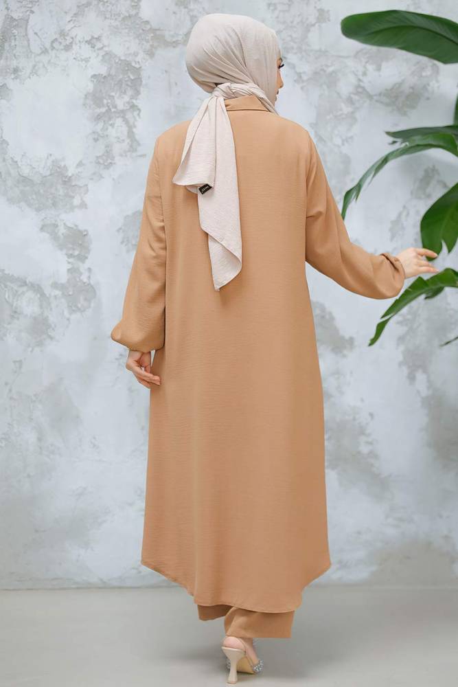 Düğmeli Camel Tesettür İkili Takım 10891C - 5