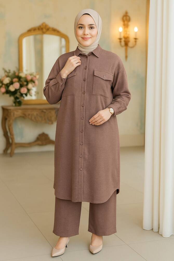 Düğmeli Camel Tesettür İkili Takım 44661C - 1
