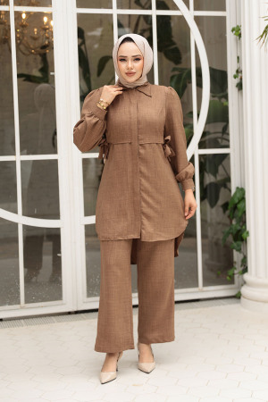 Düğmeli Camel Tesettür İkili Takım 68351C - 3