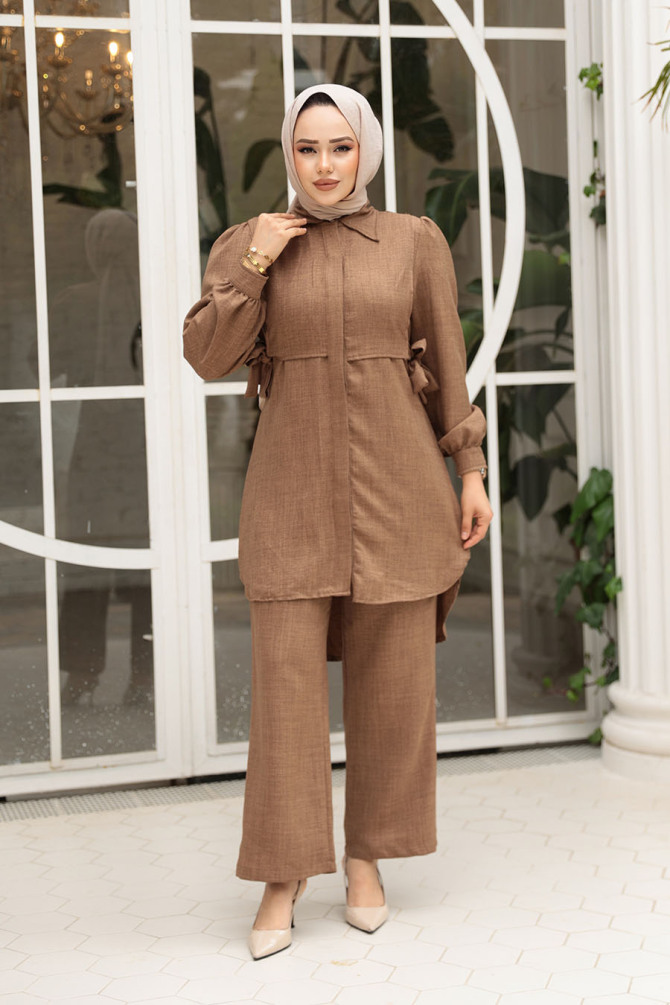 Düğmeli Camel Tesettür İkili Takım 68351C - 3