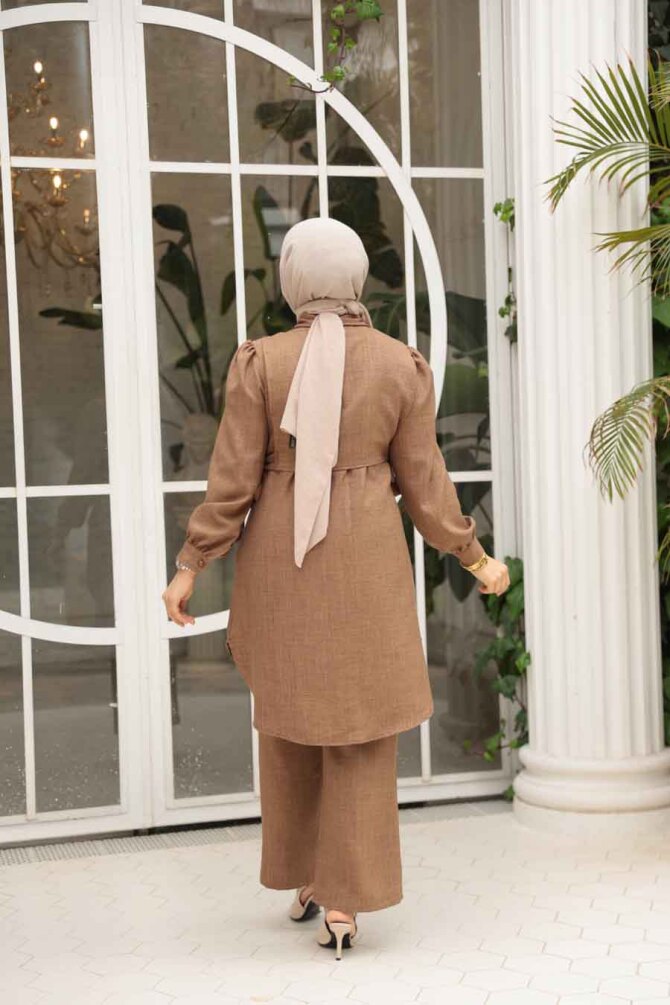 Düğmeli Camel Tesettür İkili Takım 68351C - 4