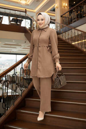 Düğmeli Camel Tesettür İkili Takım 68351C - 1