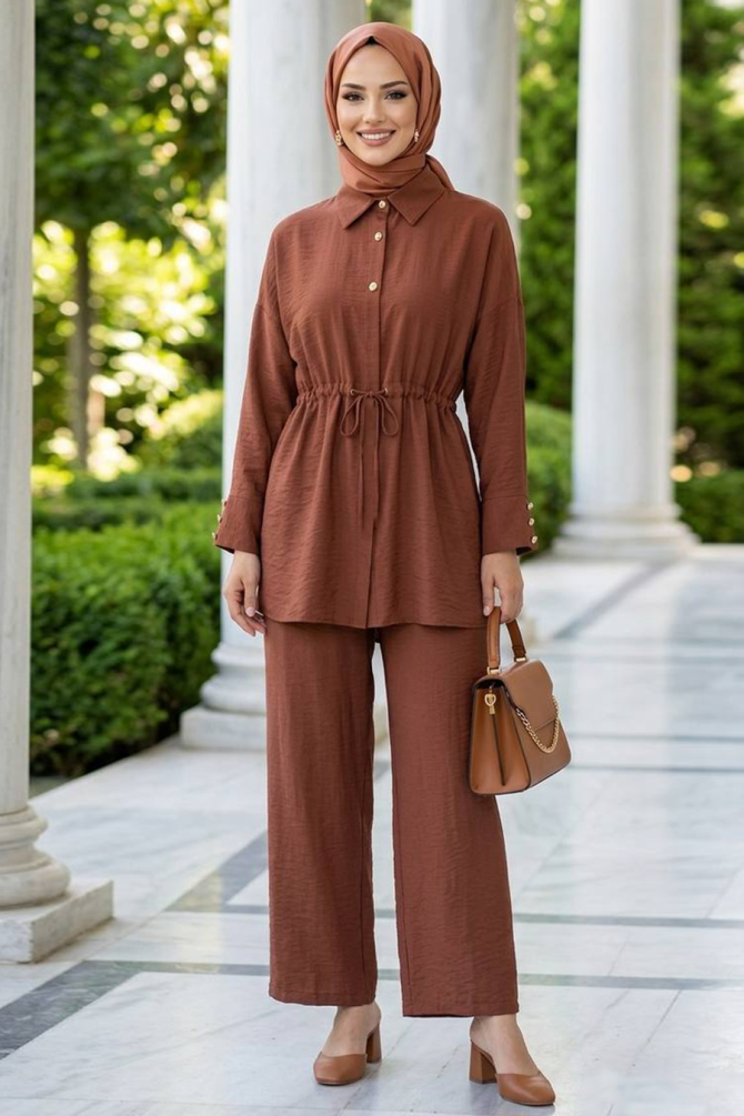 Düğmeli Camel Tesettür İkili Takım 8275C - 1