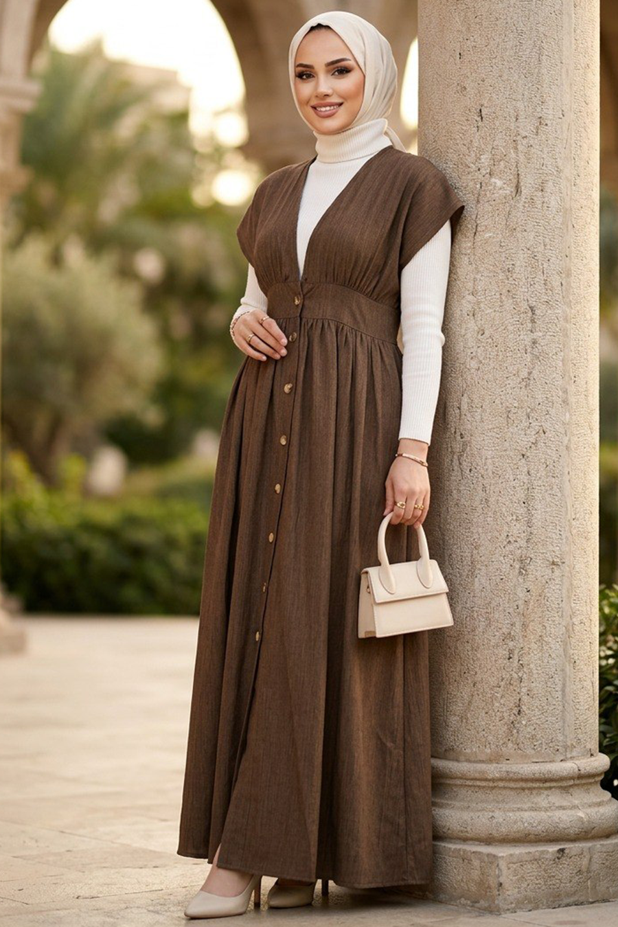 Düğmeli Camel Tesettür Jile Elbise 6284C