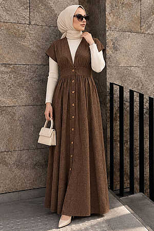 Düğmeli Camel Tesettür Jile Elbise 6284C 