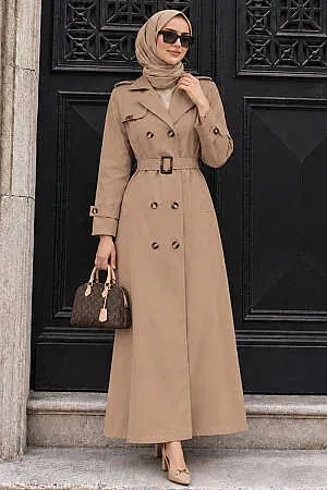 Düğmeli Camel Tesettür Trençkot 7261C - 1