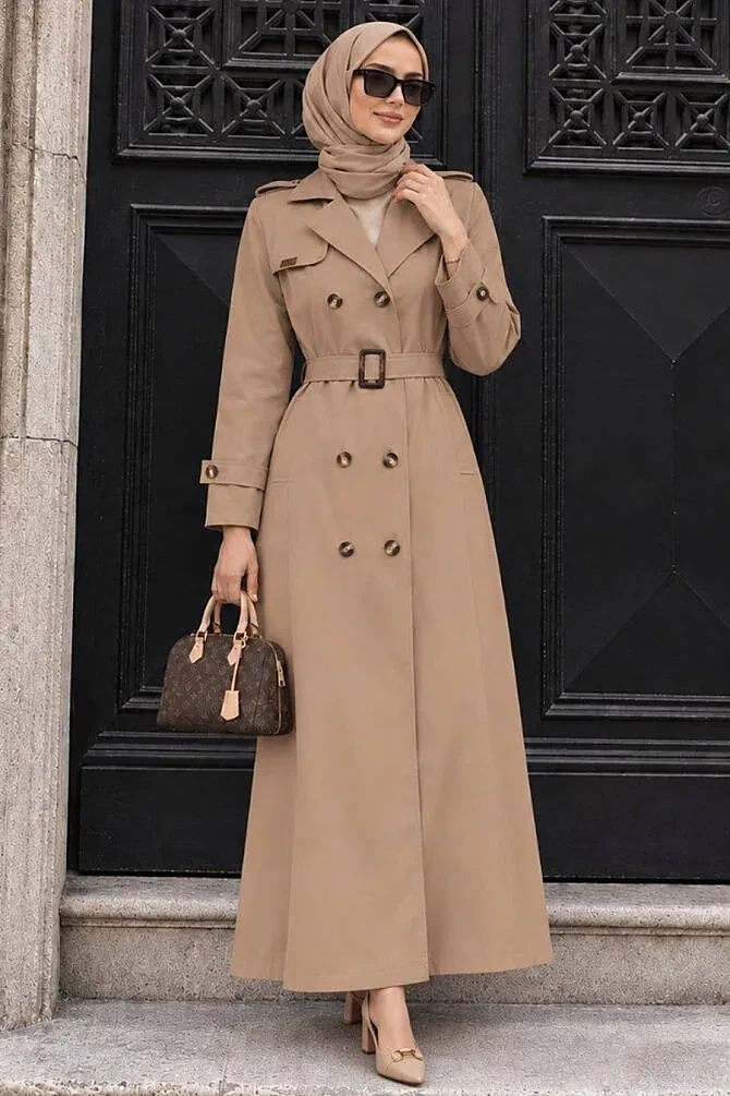 Düğmeli Camel Tesettür Trençkot 7261C - N.S NEVA STYLE