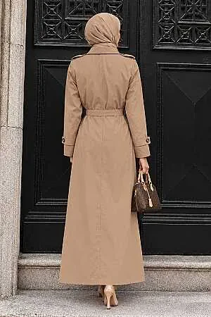 Düğmeli Camel Tesettür Trençkot 7261C - 2