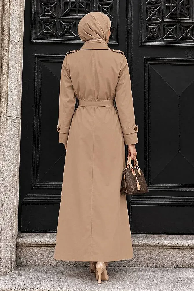 Düğmeli Camel Tesettür Trençkot 7261C - 2