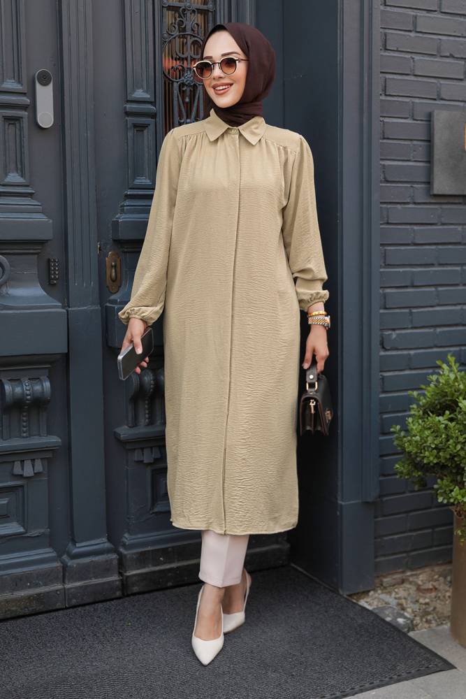Düğmeli Camel Tesettür Tunik 41401C - 1