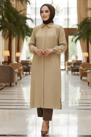 Düğmeli Camel Tesettür Tunik 41401C - 1