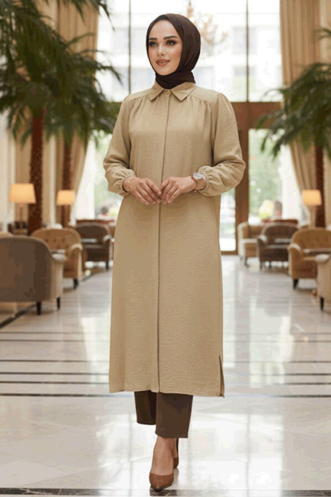 Düğmeli Camel Tesettür Tunik 41401C - 1