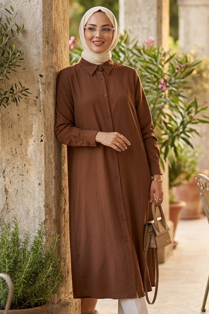 Düğmeli Camel Tesettür Tunik 41652C - 1