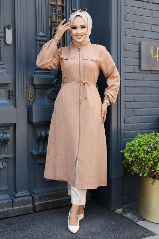 Düğmeli Camel Tesettür Tunik 645C - 1